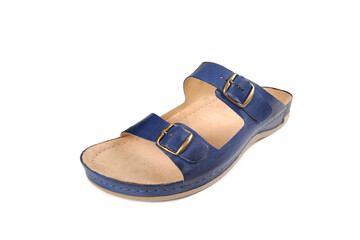 Men's blue leather sandals highlighted on a white background.Summer men's shoes. Flat orthopedic...