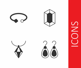 Set Earrings, Bracelet jewelry, Pendant on necklace and Gem stone icon. Vector