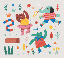 Set of cute handdrawn dancing forest animal illustration