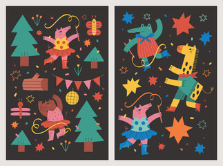 Set of party forest animal card poster illustration
