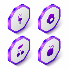 Set Isometric Ice cream, Scrambled egg, Fresh berries and Plum fruit icon. Purple hexagon button. Vector