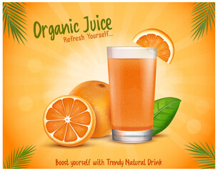 Orange Fruit vector illustration with Orange Juice glass and fruit slices with green leves