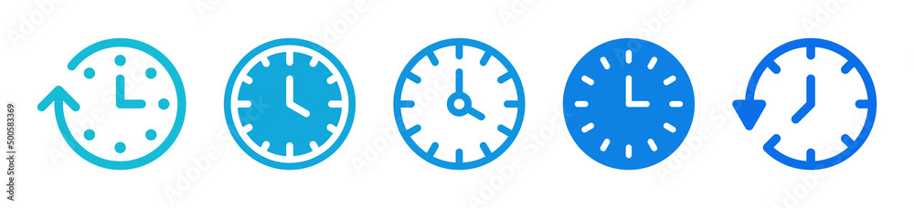 Poster time and clock icon set in blue line design.