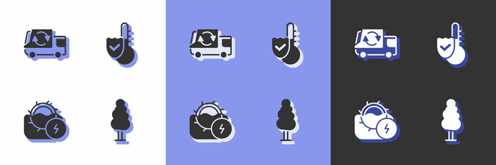 Set Tree, Garbage truck, Water mill and Thermometer icon. Vector