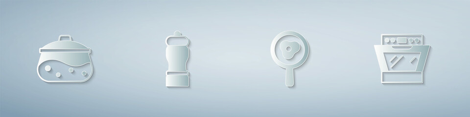 Set Cooking pot, Pepper, Fried eggs on frying pan and Oven. Paper art style. Vector