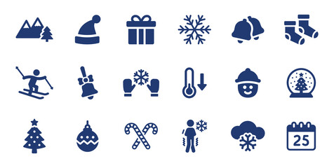 Christmas icon set. Containing gift box, bell, decoration, ski and pine tree icon design. X-mas symbol vector illustration.