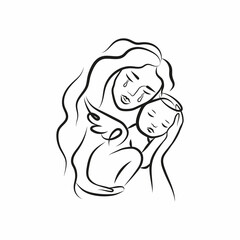Minimalist silhouette of woman holding baby. Mother and child. Vector illustration.