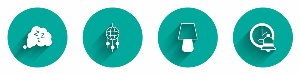 Set Sleepy, Dream catcher with feathers, Table lamp and Alarm clock icon with long shadow. Vector