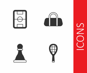Set Tennis racket, Football field, Chess and Sport bag icon. Vector
