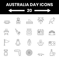 Black Outline Australia Day Icon Or Symbol Set.
