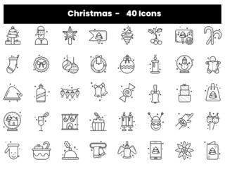 Black Outline Set Christmas Icon Or Symbol.