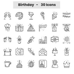 Black Line Art Set Of Birthday Icons In Flat Style.