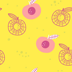 Seamless pattern with peaches in cartoon style. Modern background for textile and wrapping paper.