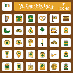 Flat Style Saint Patrick's Day Icon Set On Sqaure White And Brown Background.