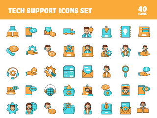 Set of Tech Support Icon Or Symbol In Orange And Turquoise Color.