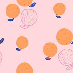 Seamless wallpaper with oranges on a pink background. Vector pattern in cartoon style.