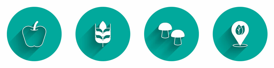 Set Apple, Wheat, Mushroom and Location with leaf icon with long shadow. Vector