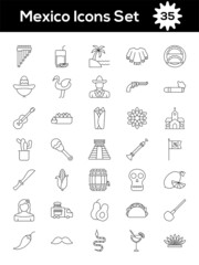 Black Stroke Mexico Icon Set In Flat Style.