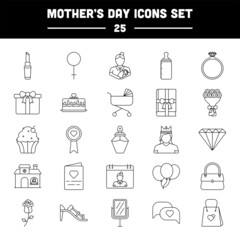 25 Mother Day Icon Set In Black Thin Line Art.