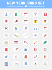 Colorful Set Of New Year Flat Icons On Circle Background.