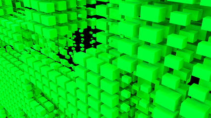 Fototapeta premium A green wall of many cubes. Abstract background with flying green cubes on a black background. 3D illustration. 3D rendering. 3D image. 