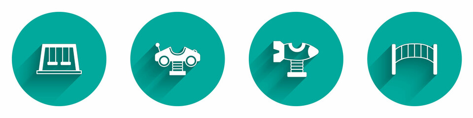 Set Swings for kids, car, plane and Playground bridge icon with long shadow. Vector