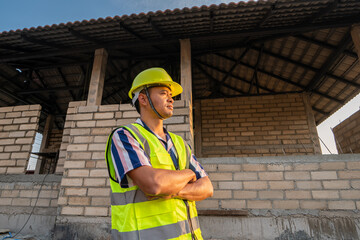 Civil engineering working in new house construction  site building