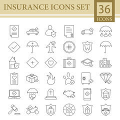 Black Line Art Set OF Insurance Icon In Flat Style.