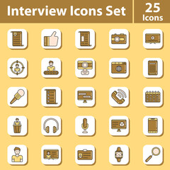 Yellow And Bronze Interview Flat Icon Set On Square Background.