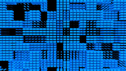 Blue abstraction with lots of cubes. Abstract background with blue cubes on a black background. 3D image. 3D rendering. 3D illustration.