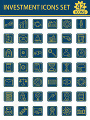 Set Of Yellow Linear Style Investment Icons On Blue Square Background.