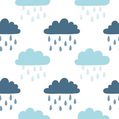Rainy clouds hand drawn seamless pattern. Childish style vector background