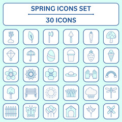 Flat Style Spring 30 Icon Set On Turquoise And White Square Background.