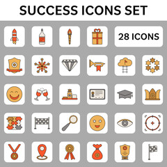 Colorful Set Of Success Flat Icon On Square Background.