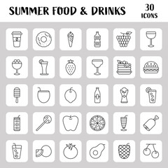Black Stroke Summer Food & Drinks Icon Set.