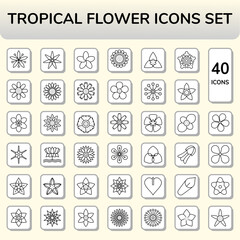 Tropical Flower Linear Icon Set In Flat Style.