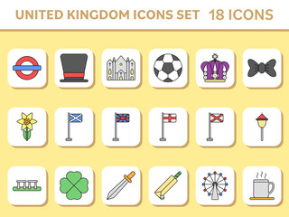 Flat United Kingdom Icon Set On Yellow And White Square Background.
