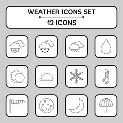 12 Weather Linear Icon Set On White And Grey Square Background.