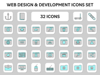Grey And Turquoise Web Development Icon Set On White Square Background.