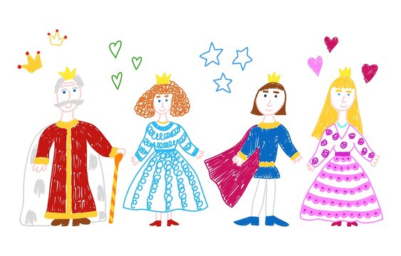Princess, prince, queen and king doodle set. Royal family from fairy tale. Children's drawing