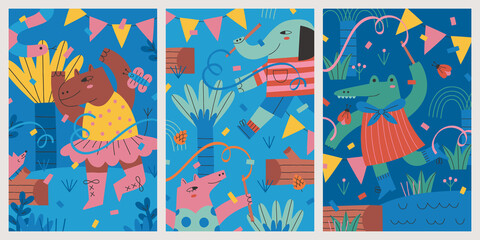 Set of birthday forest animal card poster illustration