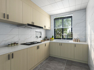 3D rendering,Modern family kitchen design, new cabinets and kitchenware with refrigerators