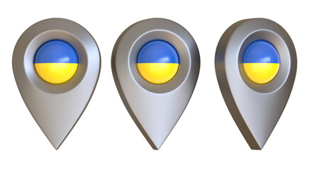 Ukraine glossy map pin isolated on a white background. Concept of tagging, center, landmark badge, tip, trip, needle, route build, locate. 3D illustration, 3D rendering