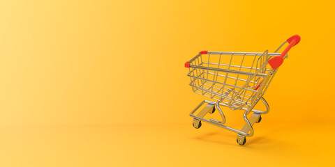 Shopping cart on yellow background. 3d rendering, 3d illustration