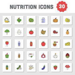 Colorful Nutrition Icon Set In Flat Style.