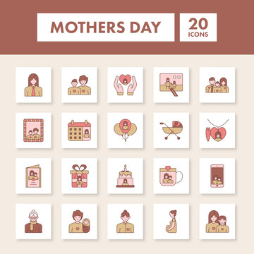 Brown And Pink Illustration Of Mother Day Sqaure Icon Set.