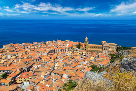 Aerial view of Cefalu in Sicily, Italy