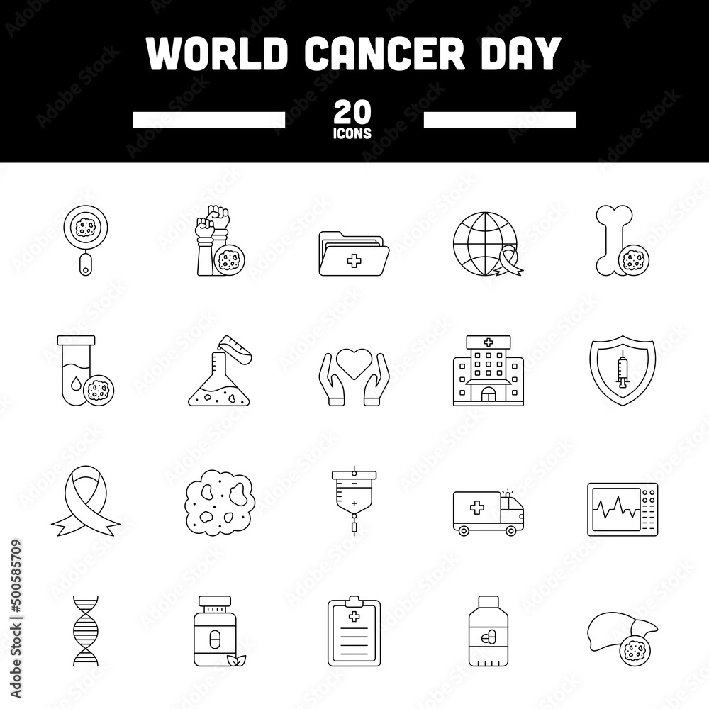 Sticker Black Stroke World Cancer Day Icon Set.