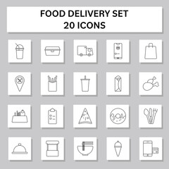 Black Outline 20 Food Delivery Square Icon Set.