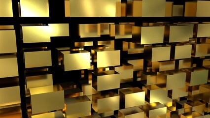 Golden abstraction with lots of flying rectangular cubes. Abstract background with golden cubes on a black background. 3D rendering. 3D image. 3D illustration.